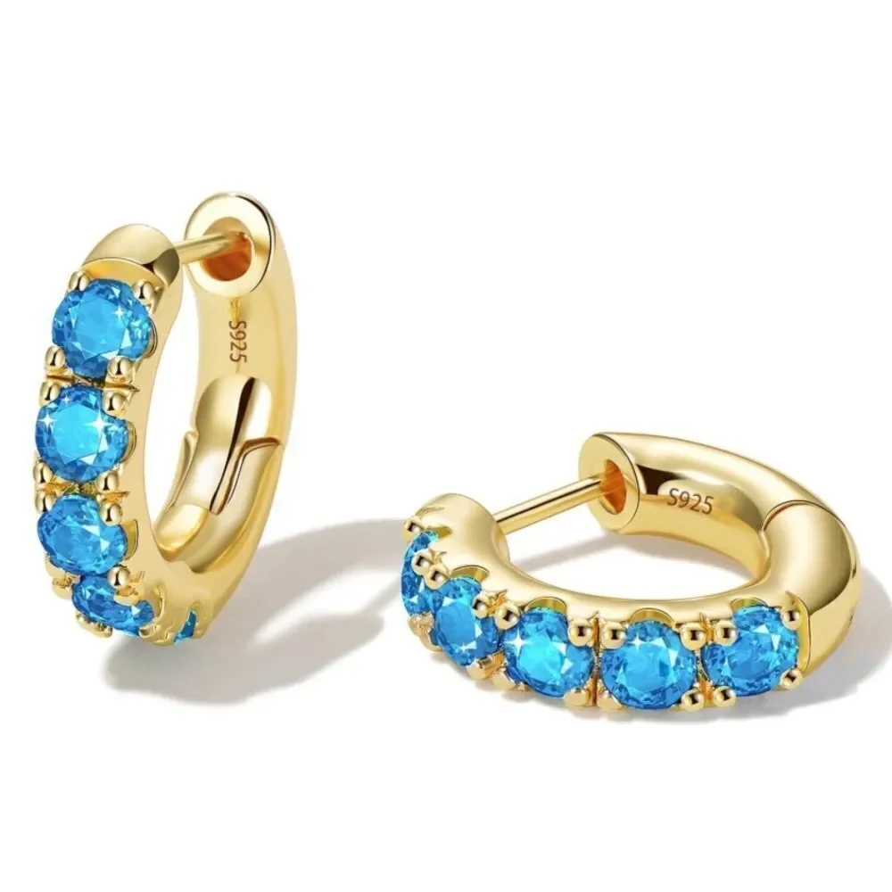14K Yellow Gold 925 Sterling Silver Aquamarine Cubic Zirconia Huggie Earrings